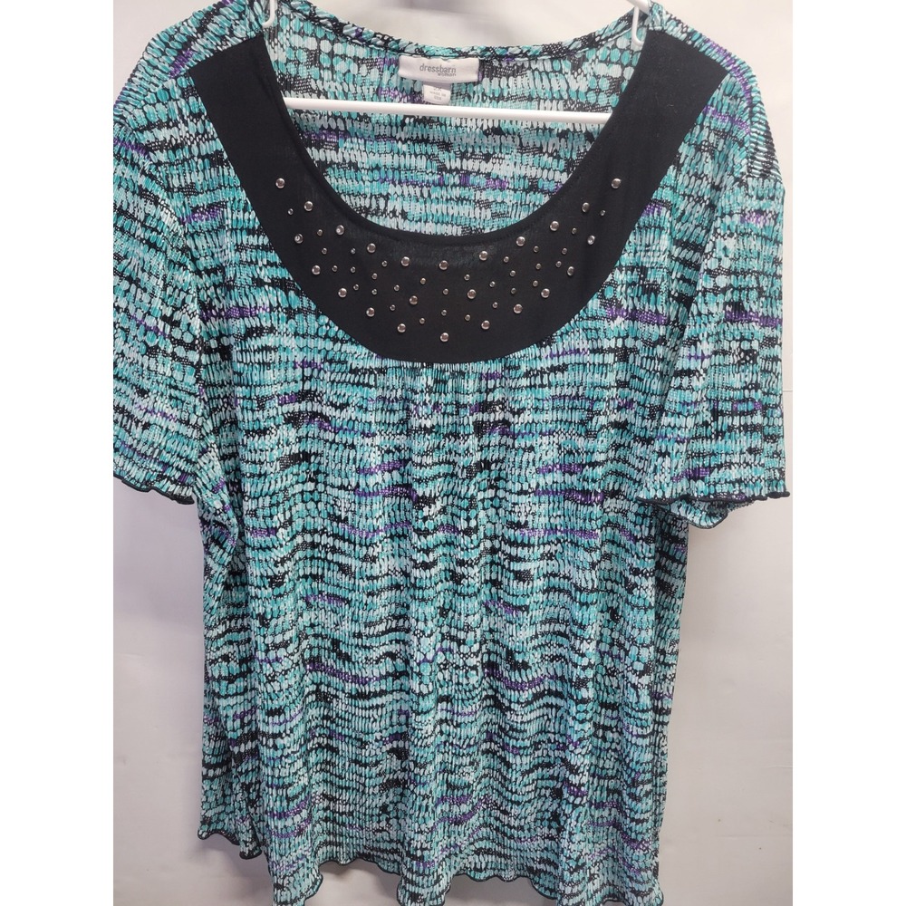 Dressbarn Woman 2X Teal Purple Abstract Studded Scoop Neck Short‎ Sleeve Top